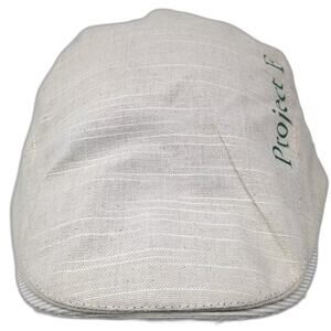 Project E Newsboy Cap Beige Slideback Hat OS Stripe Underbrim Textured Logo